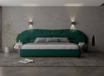 Cama verde lujosa con acentos dorados en forma de abanico para habitación moderna
