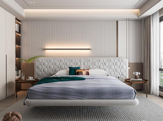 Cama tapizada blanca moderna con diseño redondo minimalista