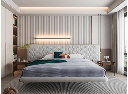 Cama tapizada blanca moderna con diseño redondo minimalista