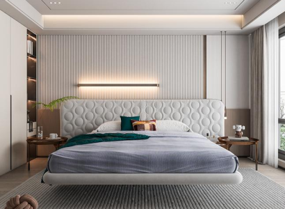 Cama tapizada blanca moderna con diseño redondo minimalista