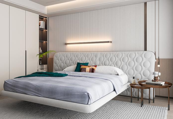 Cama tapizada blanca moderna con diseño redondo minimalista