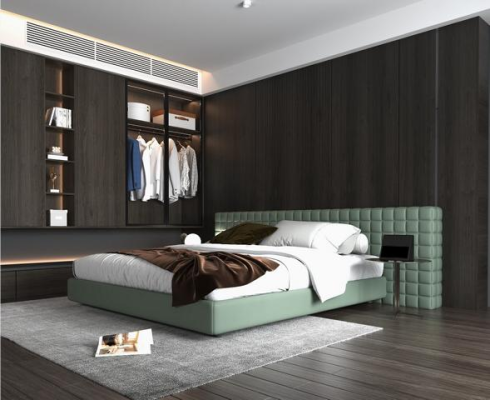 Moderna cama verde con elegante cabecera tapizada para dormitorio