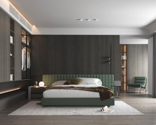 Moderna cama verde con elegante cabecera tapizada para dormitorio