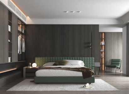 Moderna cama verde con elegante cabecera tapizada para dormitorio