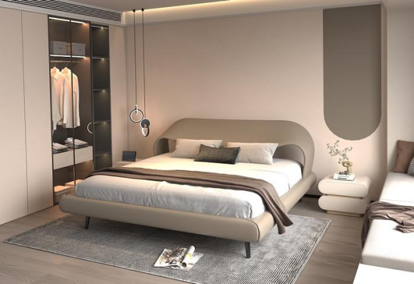 Cama gris elegante con diseño minimalista y redondeado