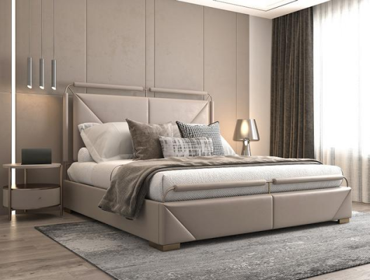 Cama de lujo con diseño moderno en beige con acentos dorados y un elegante cabecero