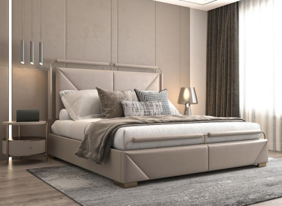 Cama de lujo con diseño moderno en beige con acentos dorados y un elegante cabecero