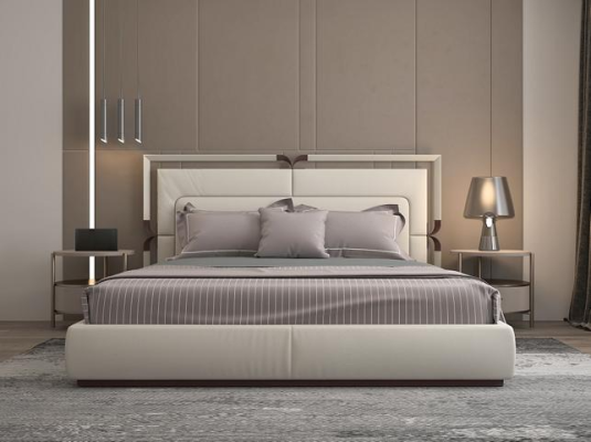 Cama de lujo moderna en beige con acentos marrones y un elegante cabecero