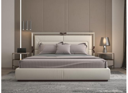 Cama de lujo moderna en beige con acentos marrones y un elegante cabecero