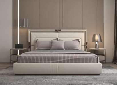 Cama de lujo moderna en beige con acentos marrones y un elegante cabecero
