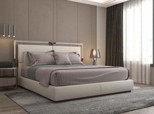 Cama de lujo moderna en beige con acentos marrones y un elegante cabecero