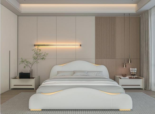 Moderna cama gris con acentos dorados y un elegante cabecero