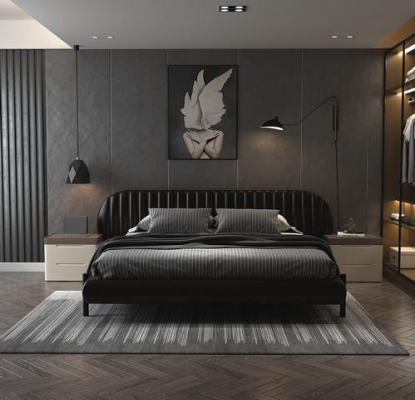 Cama tapizada moderna negra con diseño elegante y comodidad para dormir