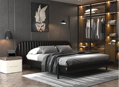 Cama tapizada moderna negra con diseño elegante y comodidad para dormir