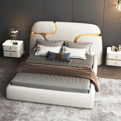 Moderna cama tapizada en gris y oro