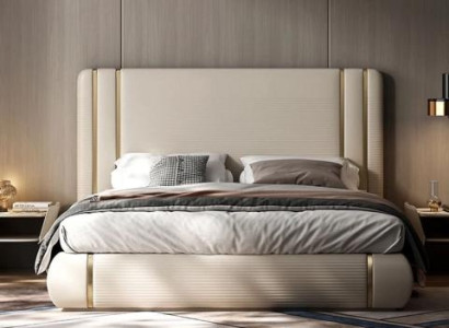 Cama tapizada beige con diseño moderno y lujoso