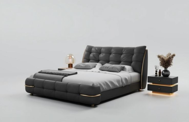 Cama tapizada moderna negra con diseño elegante