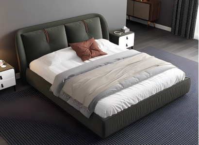 Cama doble moderna en cuero verde oscuro