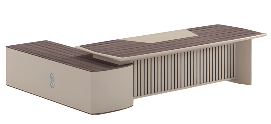 Moderno escritorio beige con efecto madera y superficie de mesa extendida para oficina