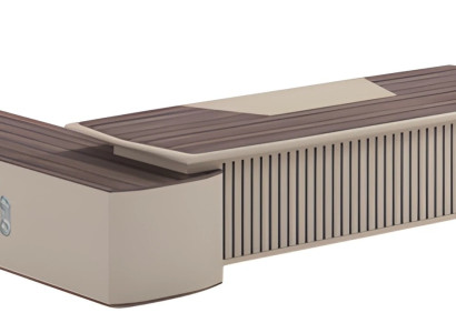 Moderno escritorio beige con efecto madera y superficie de mesa extendida para oficina