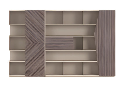 Moderno sistema de estanterías en beige y marrón con efecto madera, armario abierto con cajones