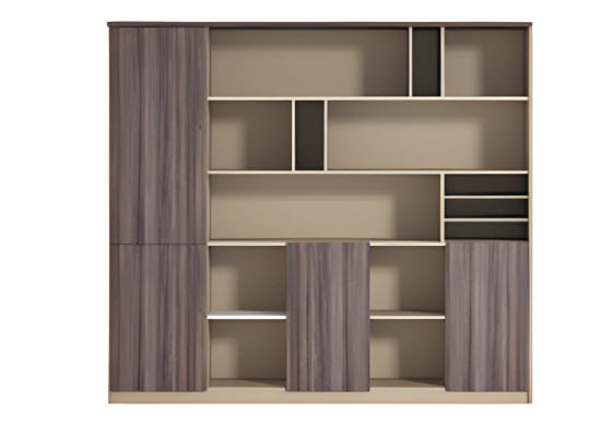 Moderno armario de oficina beige y marrón con efecto madera, abierto, para espacio de trabajo