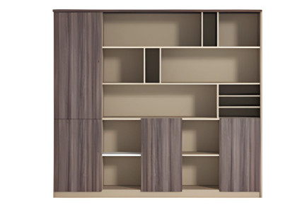 Moderno armario de oficina beige y marrón con efecto madera, abierto, para espacio de trabajo