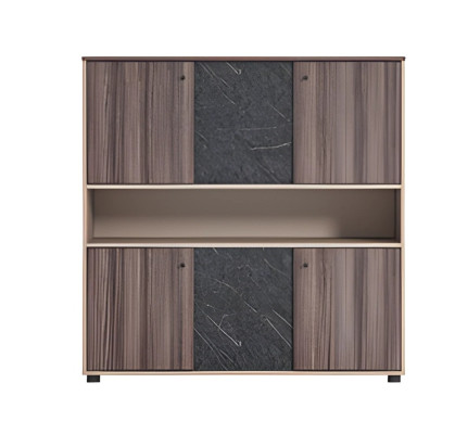 Armario de oficina beige-marrón con efecto de madera moderna y puertas plegables