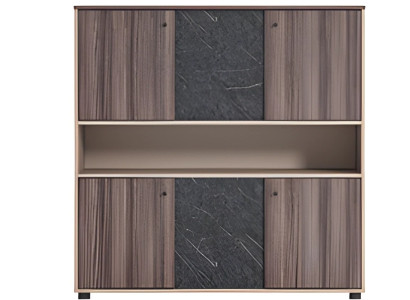 Armario de oficina beige-marrón con efecto de madera moderna y puertas plegables