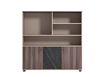 Moderno armario de oficina beige-marrón con efecto de madera y piedra, diseño abierto en las puertas