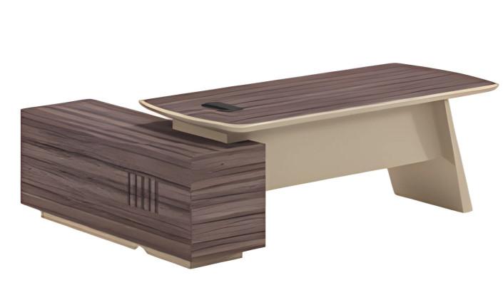 Moderno escritorio beige y marrón con efecto madera y superficie de trabajo y cajón