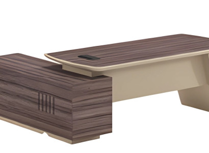 Moderno escritorio beige y marrón con efecto madera y superficie de trabajo y cajón