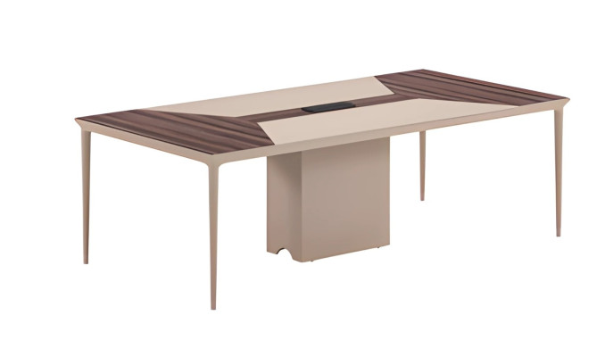 Mesa de conferencias beige con estructura de madera y diseño moderno para oficina y reuniones