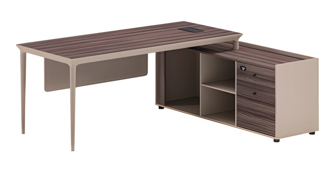 Escritorio beige con estructura de madera, espacio de almacenamiento y diseño moderno para oficina