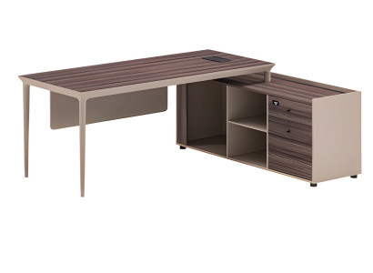 Escritorio beige con estructura de madera, espacio de almacenamiento y diseño moderno para oficina