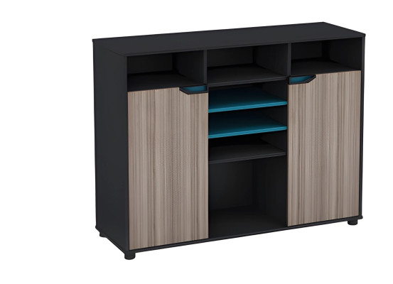 Moderna cómoda en negro y marrón con efecto madera y puertas y estantes azules