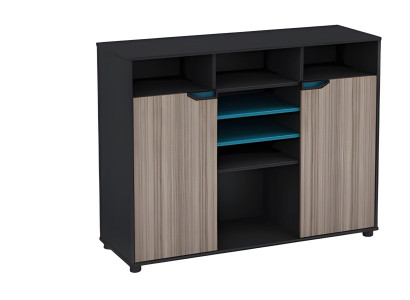 Moderna cómoda en negro y marrón con efecto madera y puertas y estantes azules