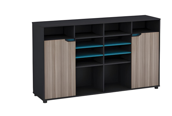 Mueble moderno con efecto madera en negro con estantes turquesa