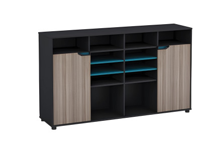 Mueble moderno con efecto madera en negro con estantes turquesa