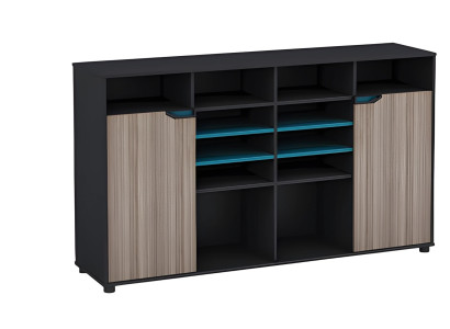 Mueble moderno con efecto madera en negro con estantes turquesa Mueble moderno con efecto madera en negro con estantes turquesa