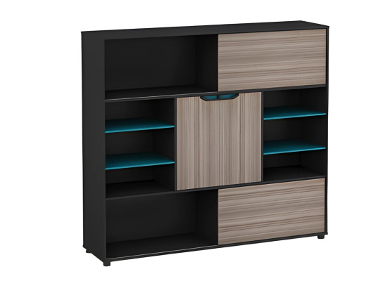 Cómoda móvil de madera, marrón y negro, moderna, con puertas y estantes, azul, para oficina