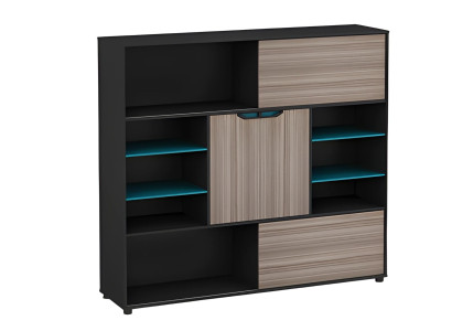Cómoda móvil de madera, marrón y negro, moderna, con puertas y estantes, azul, para oficina