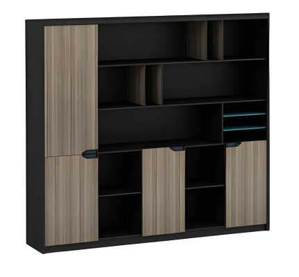 Moderno armario de oficina marrón y negro de madera con puertas y estantes para carpetas azules