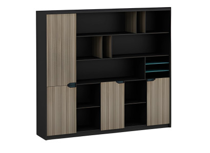 Moderno armario de oficina marrón y negro de madera con puertas y estantes para carpetas azules