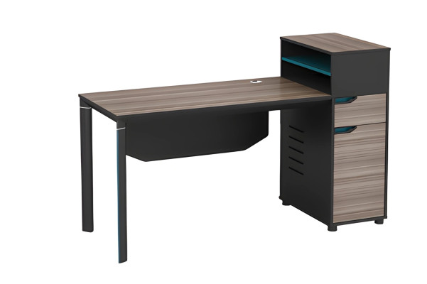 Escritorio con efecto de madera marrón y espacio de almacenamiento, además de pasacables para oficina