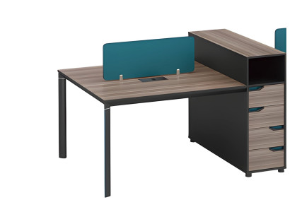 Escritorio moderno con espacio de almacenamiento, panel divisor y aspecto de madera