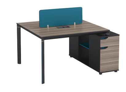 Escritorio con panel divisor azul, escritorio moderno con espacio de almacenamiento y diseño