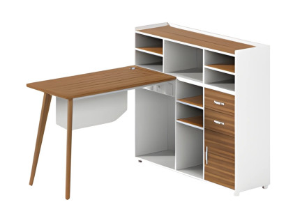 Mesa de madera con espacio de almacenamiento blanco, compartimentos abiertos y patas elegantes