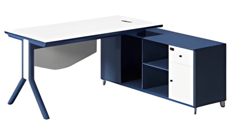 Mesa elegante con tablero blanco y espacio de almacenamiento azul