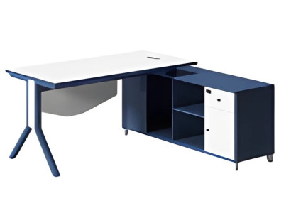 Mesa elegante con tablero blanco y espacio de almacenamiento azul